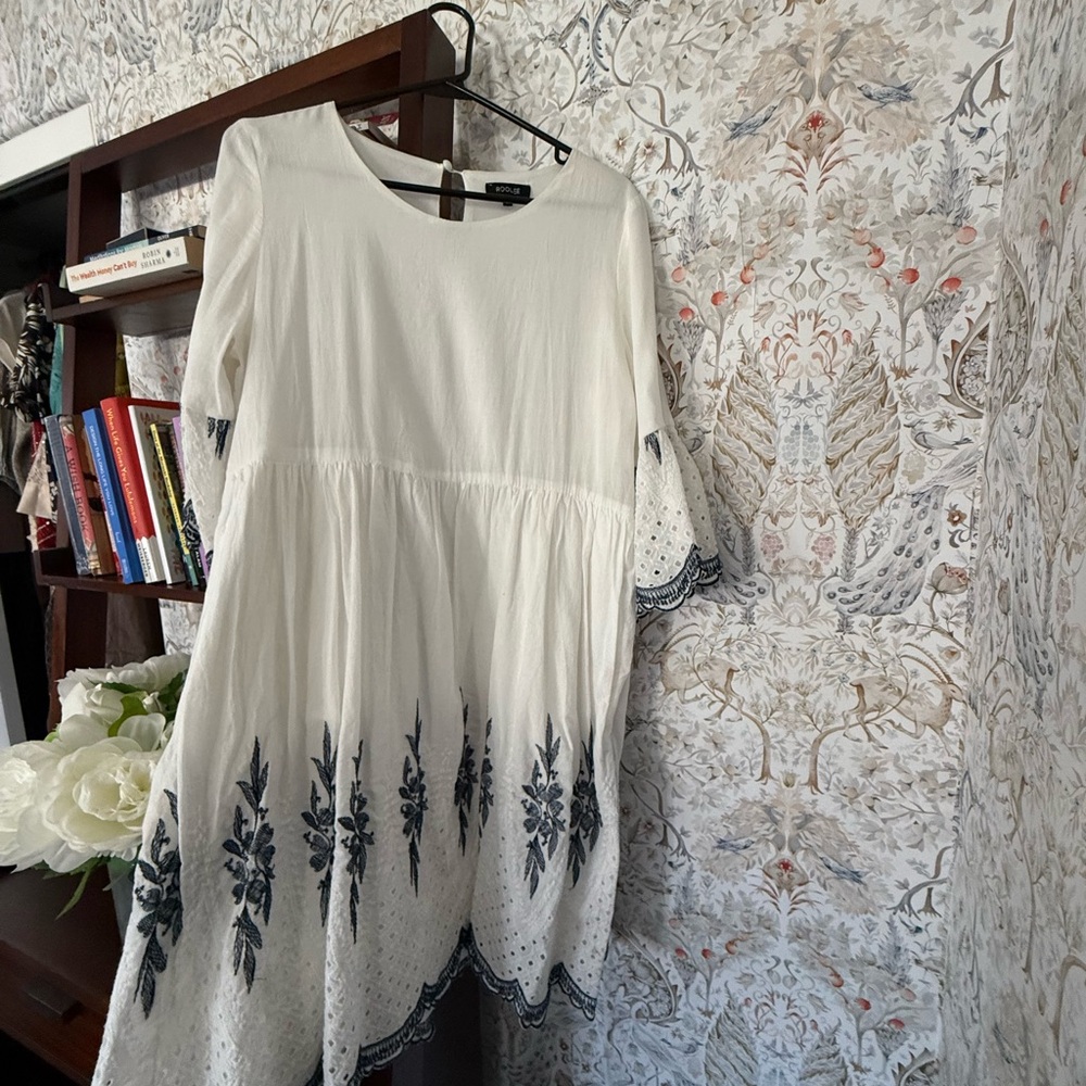 Roolee White Long Sleeve Dress with Navy Floral Embroidery